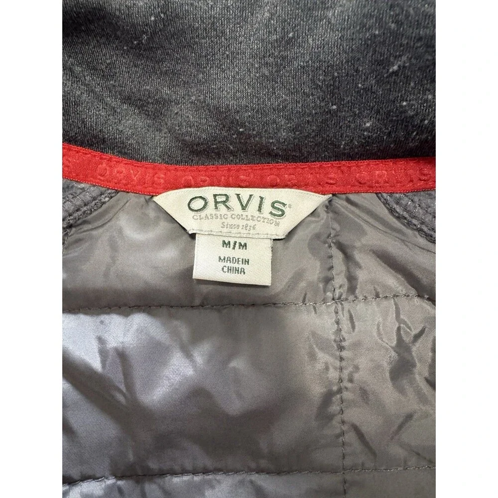 Orvis Mens Medium Hybrid Mixed Media Jacket Gray Puffer Fleece Full Zip Flaws